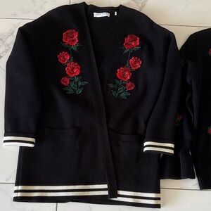 Sandro Black Blazer with Red Rose Embroidery